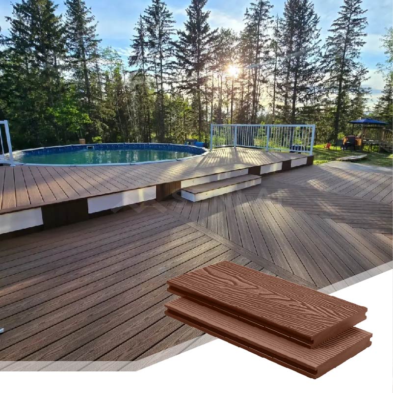 Tarima sólida de madera compuesta de plástico y WPC con relieve 3D de 140 x 20 cm para terraza.